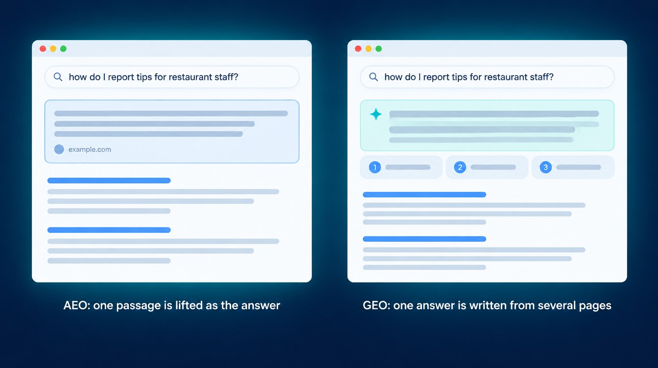 Two browser windows showing the same search. On the left, a featured snippet lifts one passage from a single page as the answer. On the right, an AI answer written from several pages sits above three numbered sources.