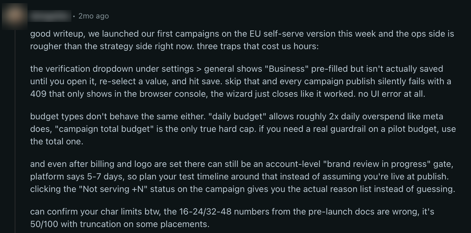 Screenshot of a long Reddit reply listing three setup traps in the European ChatGPT Ads self-serve beta: a verification dropdown that is not saved, budget types that overspend, and a brand review gate