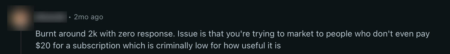Screenshot of a Reddit reply saying the advertiser burnt around 2k with zero response and blames marketing to people who do not pay for a subscription